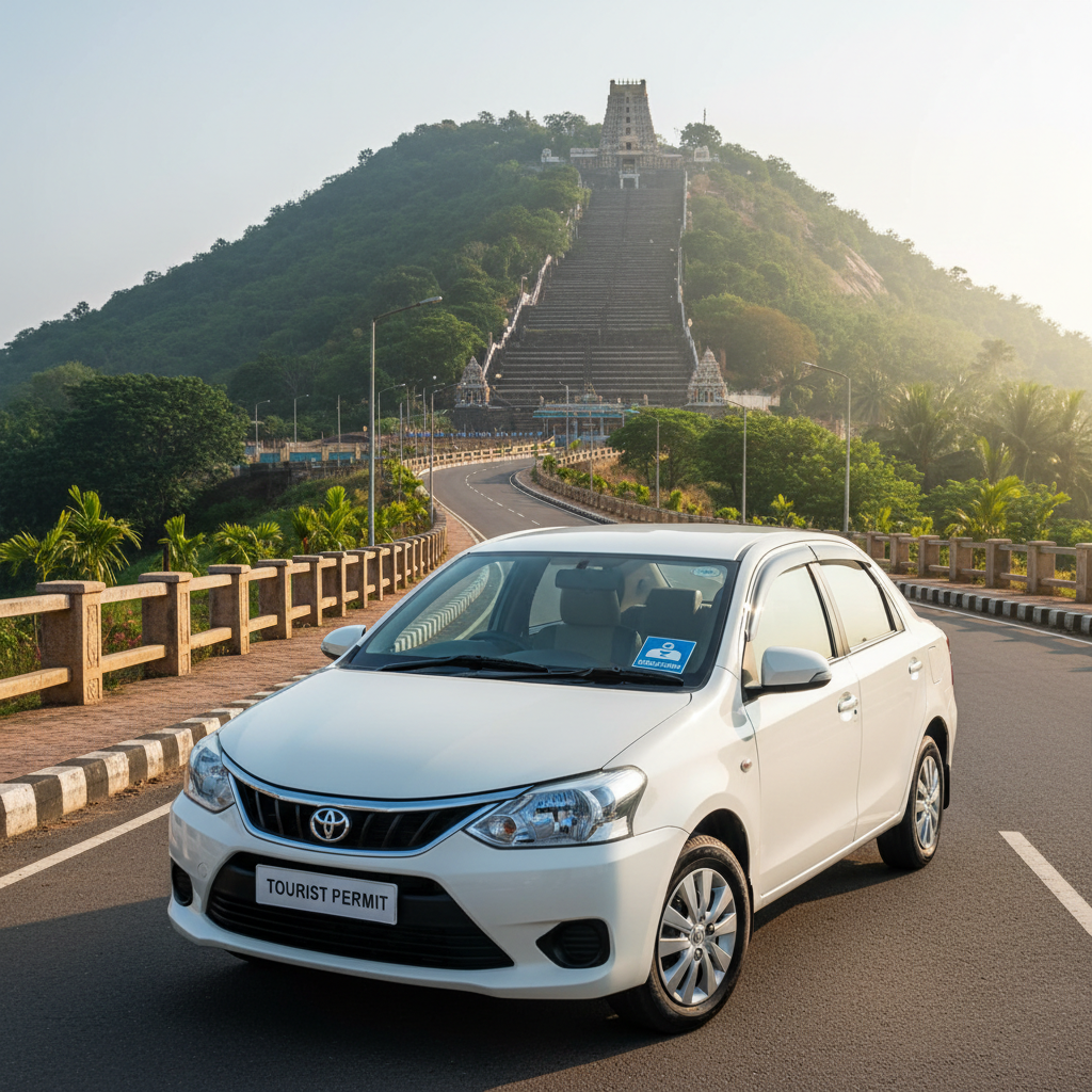 A comfortable tour car parked in front of the Palani temple, part of a tour package from Chennai.