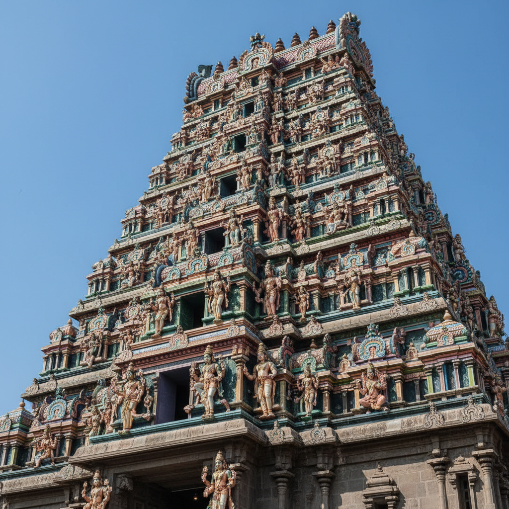 A colorful and detailed gopuram (tower) of a Tamil Nadu temple against a blue sky.