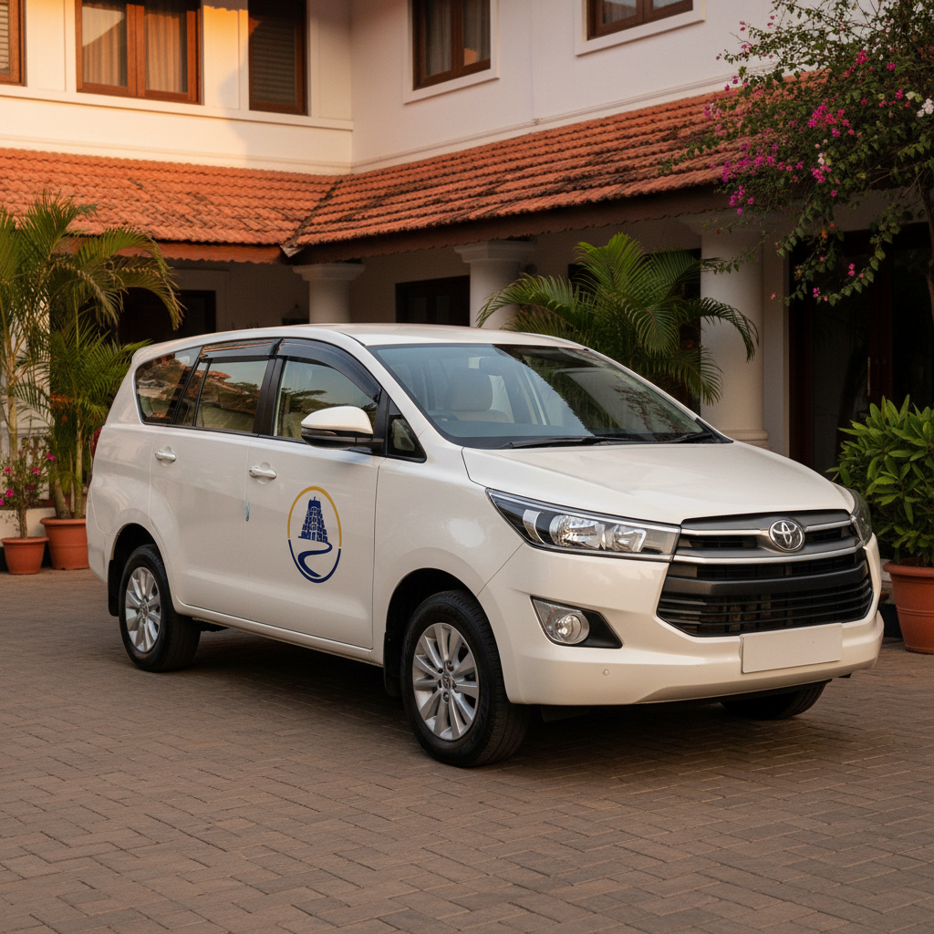 A comfortable tour vehicle from Temple Tours & Travels parked in front of a hotel during a Tirupati package from Chennai.